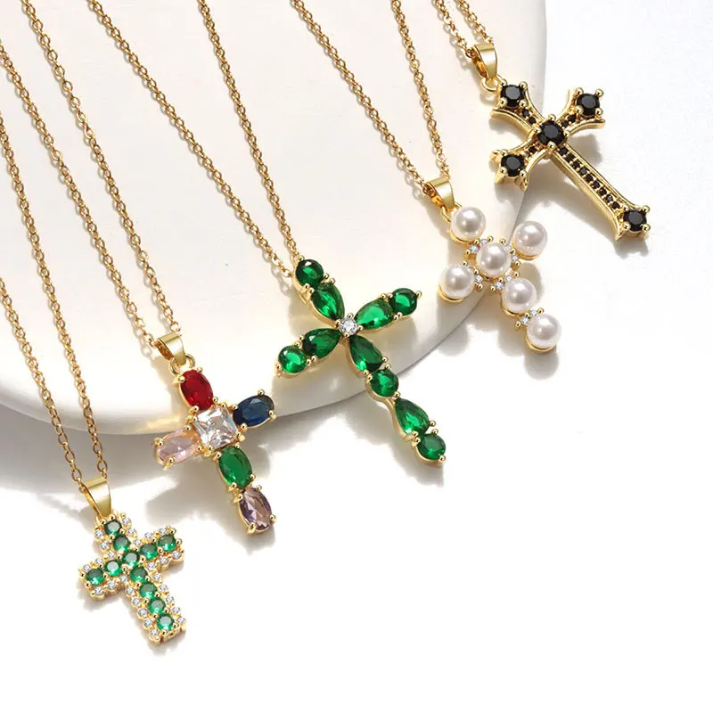 Hot Sale Colour Handmade Simple Dainty Cubic Zircon Cross Pendent Necklace for Jewelry Gift