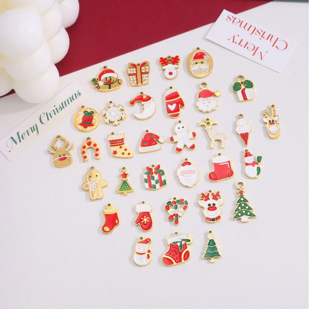 33PCS Wholesale New Enamel Christmas Jewelry Trees Snowman Charms Stainless Steel Santa Claus Red Green Tags Charm Pendant