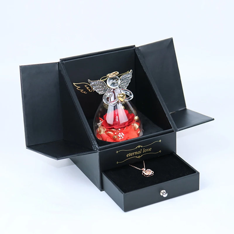 Mothers Day Gifts Double-Open Jewelry Gift Box Eluxury Ternal Rose Jewelry Box Angel Preserved Rose In Glass Dome for Women