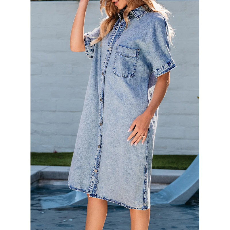 Dear-Lover Wholesale Summer High Quality Women Jeans Dress Loose Cotton Medium Wash Short Sleeve Shirt Denim Dresses