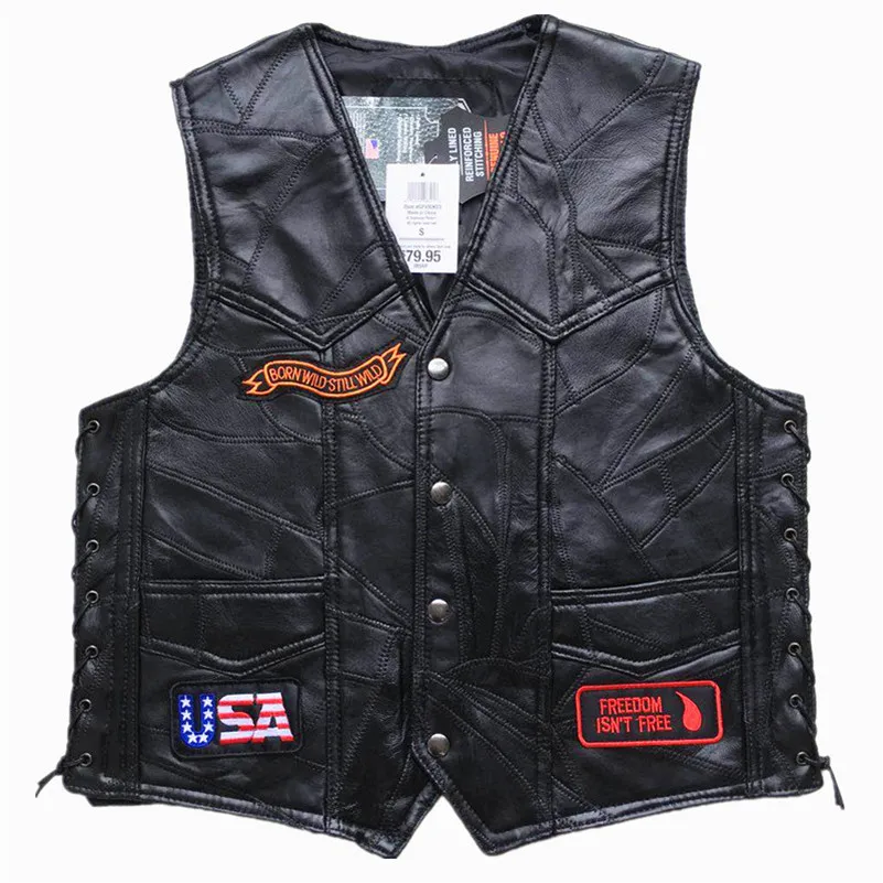 2019 Mens Eagle Patch Black Genuine leather Motorcycle Vest Vintage US Flag Sheepskin Sleeveless Biker Jackets Gray Patch