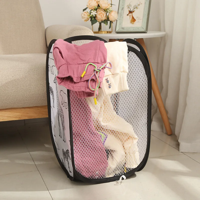 Cartoon Print Laundry Baskets Mesh Clothes Basket Bathroom Dirty Clothes Sorting Basket Kid Toys Sundries Storage