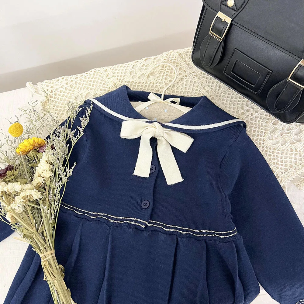 Autumn baby girl children knitted dress navy collar girl's academy style pleated dress