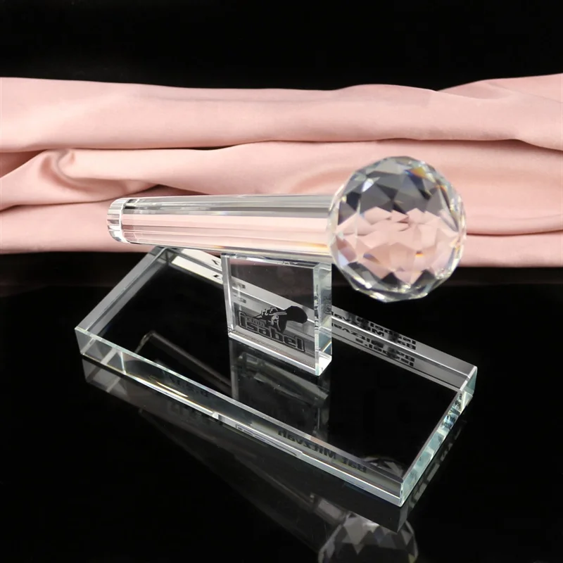 K9 crystal material trophy award factory professional custom logo crystal microphone trophy award plaque crystal