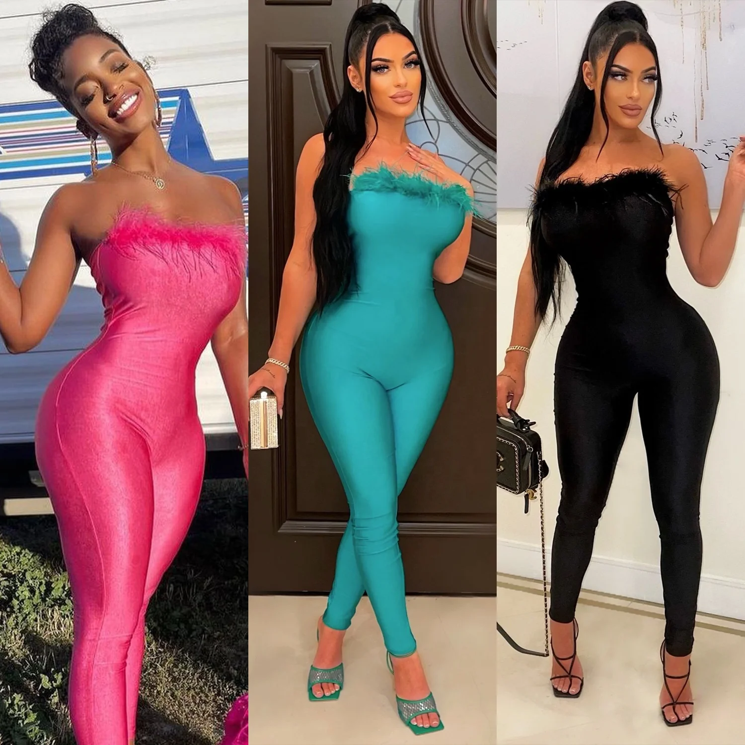 2023 Custom Women Solid Ostrich Feather Strapless Jumpsuits Club Wear Bodysuits Romper One Piece Lady Jumpsuit