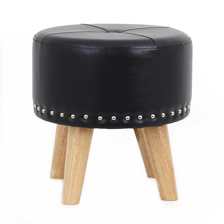 Customized black faux leather round stool ottoman with wooden legs for living room