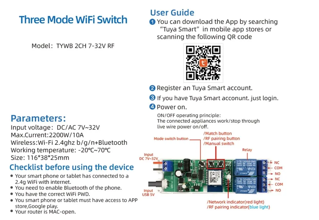 Tuya Smart life DC5V 12V 24V 32V 2CH 2-канальный модуль RF 433 приемник 10A реле работает с Alexa Google WiFi Switch