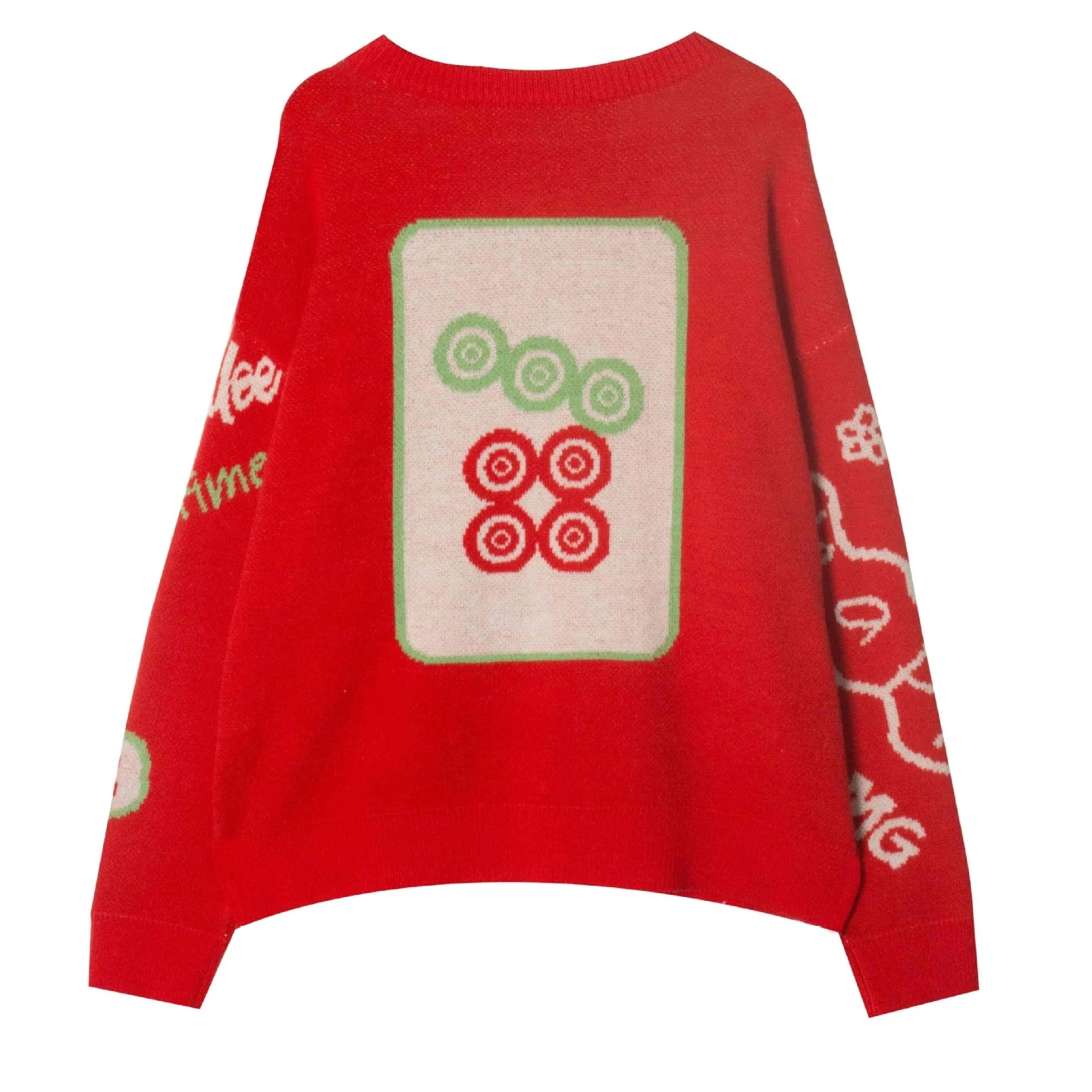 Christmas Outfits Red Mahjong Women Sweaters Round Neck Unique Pattern Knitted Pullover for Ladies Clothes