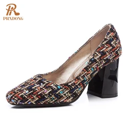 Тканевые женские туфли-лодочки с квадратным носком на толстом высоком каблуке, модные женские туфли-лодочки в клетку на платформе, вечерние Клубные классические туфли, большие размеры