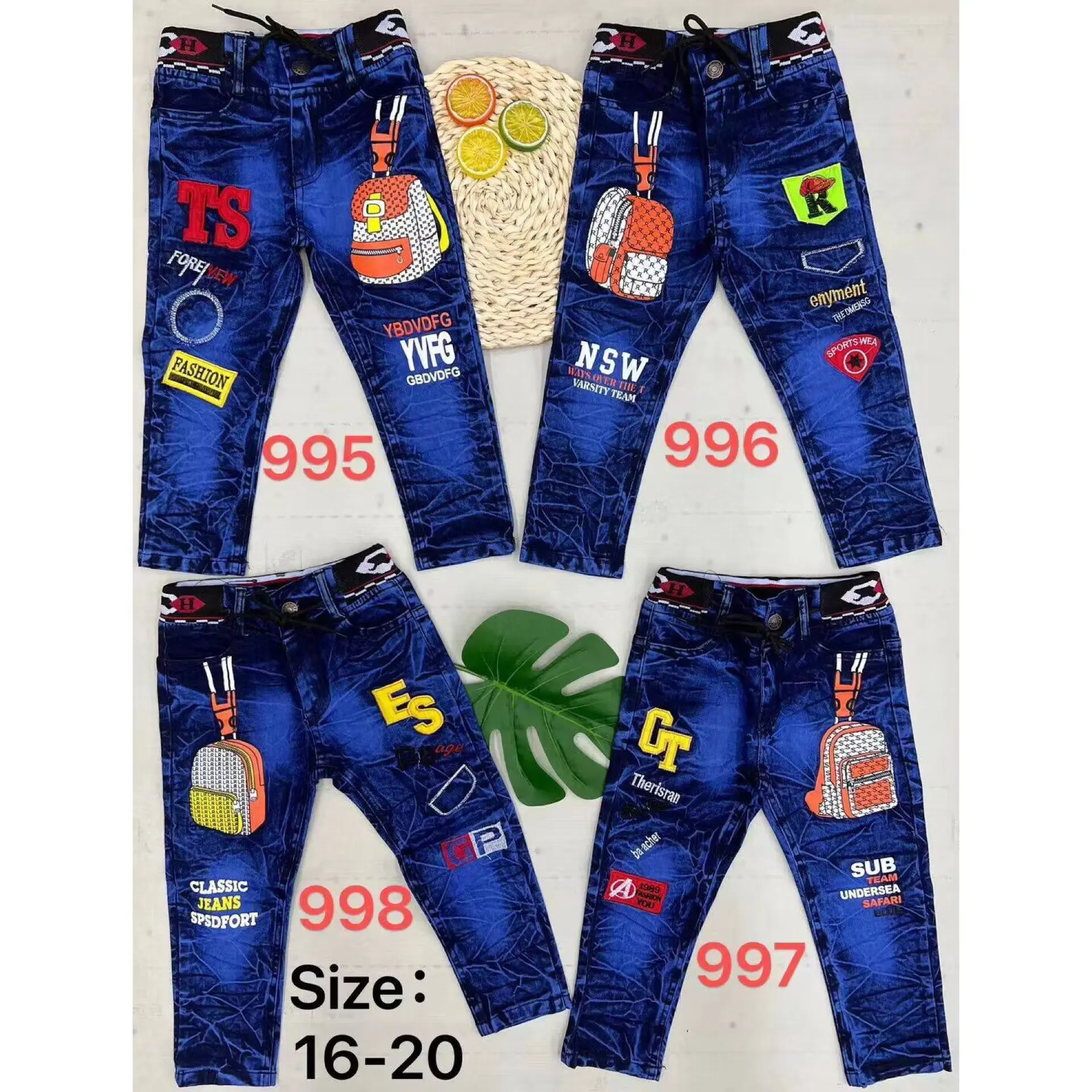 4.4 Dollar Model YQ136 Ready Ship Cartoon Prints Assorted Colors Kids Clothing Pants Full Jeans Boy Pants For Baby