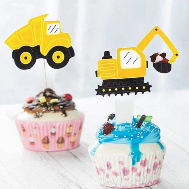 Construction machines cupcake topper truck excavator cake toothpicks decorations for baby shower birthday cake party supplies