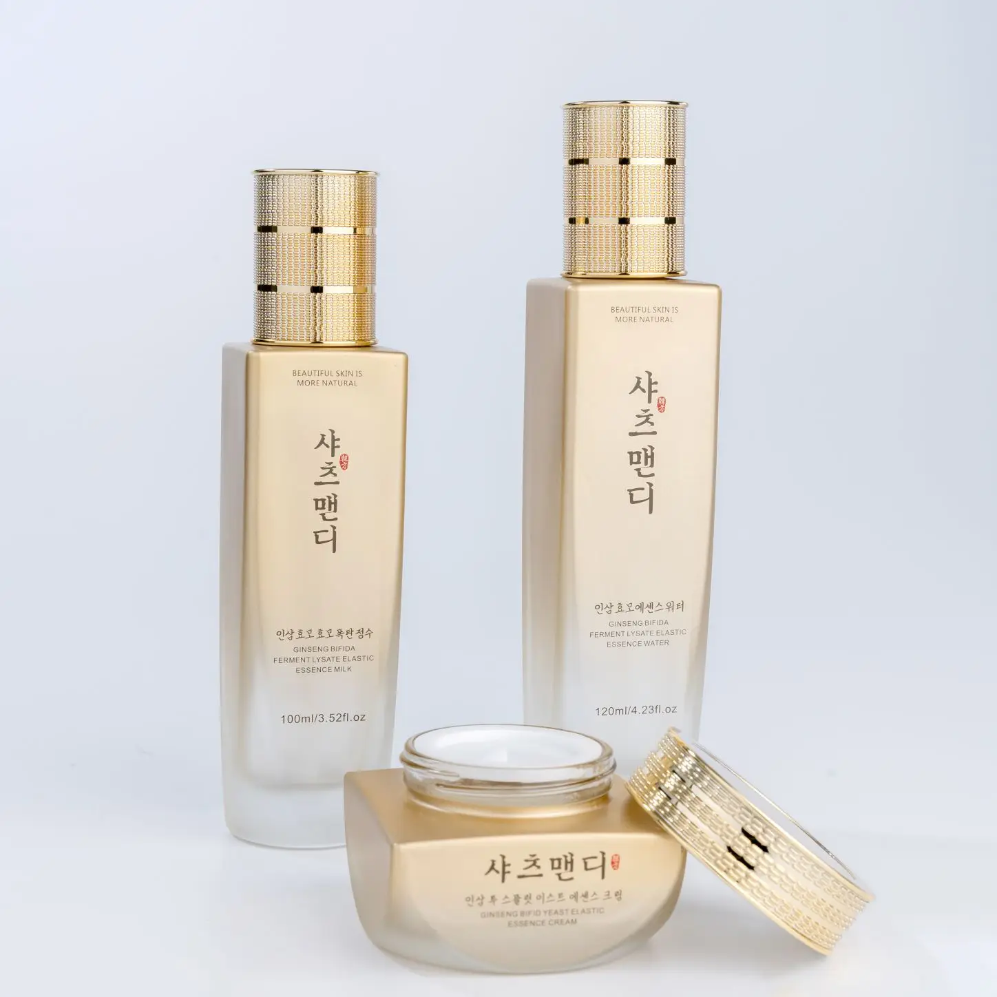 cosmetic packing  Golden Ribbed Cylinder Cap 100ml Square Shoulder Shape Glass Lotion Bottle with 0.25cc Airless Pump