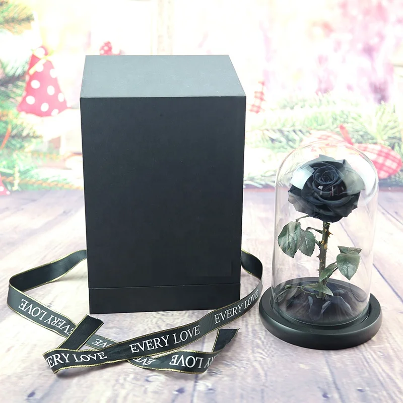 rose preserved glass dome in gift box  hot sale eternal real stabilized flower with stem for christmas