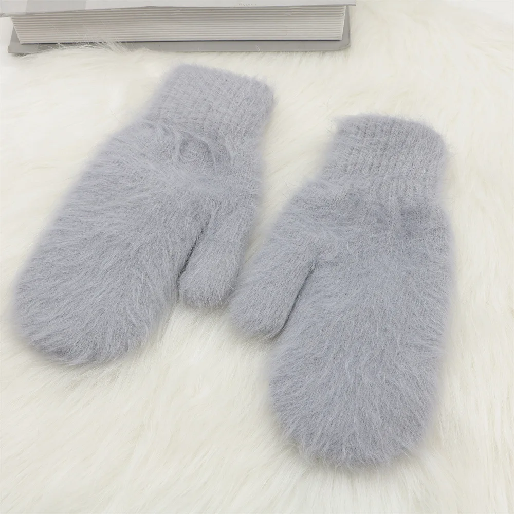 Women Ladies Solid Winter Fuzzy Rabbit Hair Blended Knitted Mittens White Hot Pink Warm Thick Warm Outdoor Mitts Gloves
