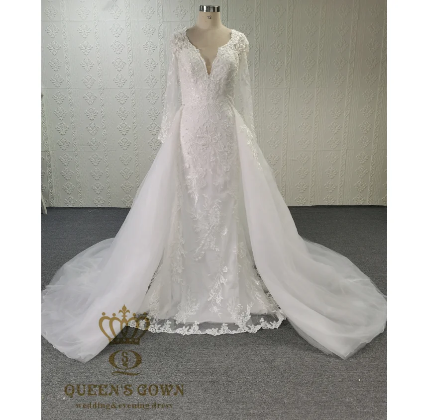 Deep v neck long sleeve lace sexy open back bridal dress with detachable train