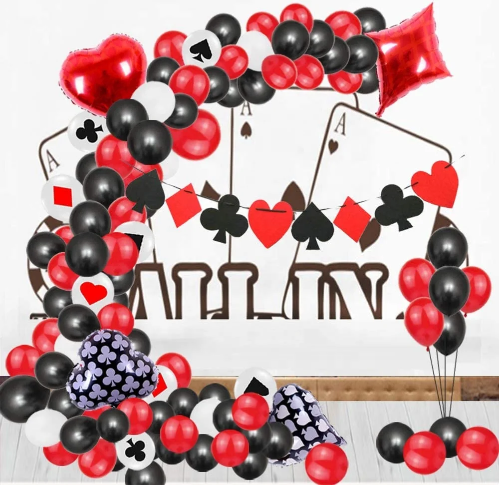 95 pcs set Poker Banner Red Black and White Latex balloons 4 Casino Mylar Balloons garland Las Vegas Theme Party Decorations