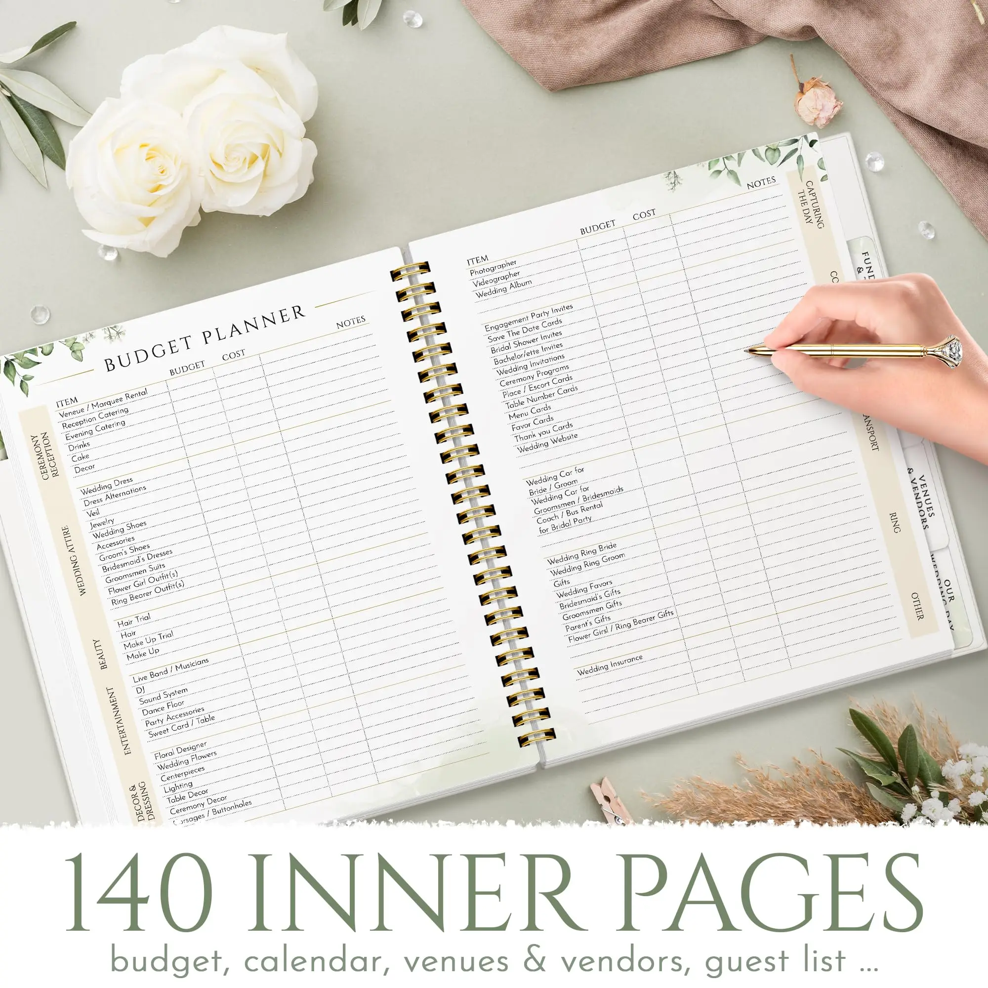 High quality custom wedding planner with gold edge color printing pregnancy journal spiral notebook with pen