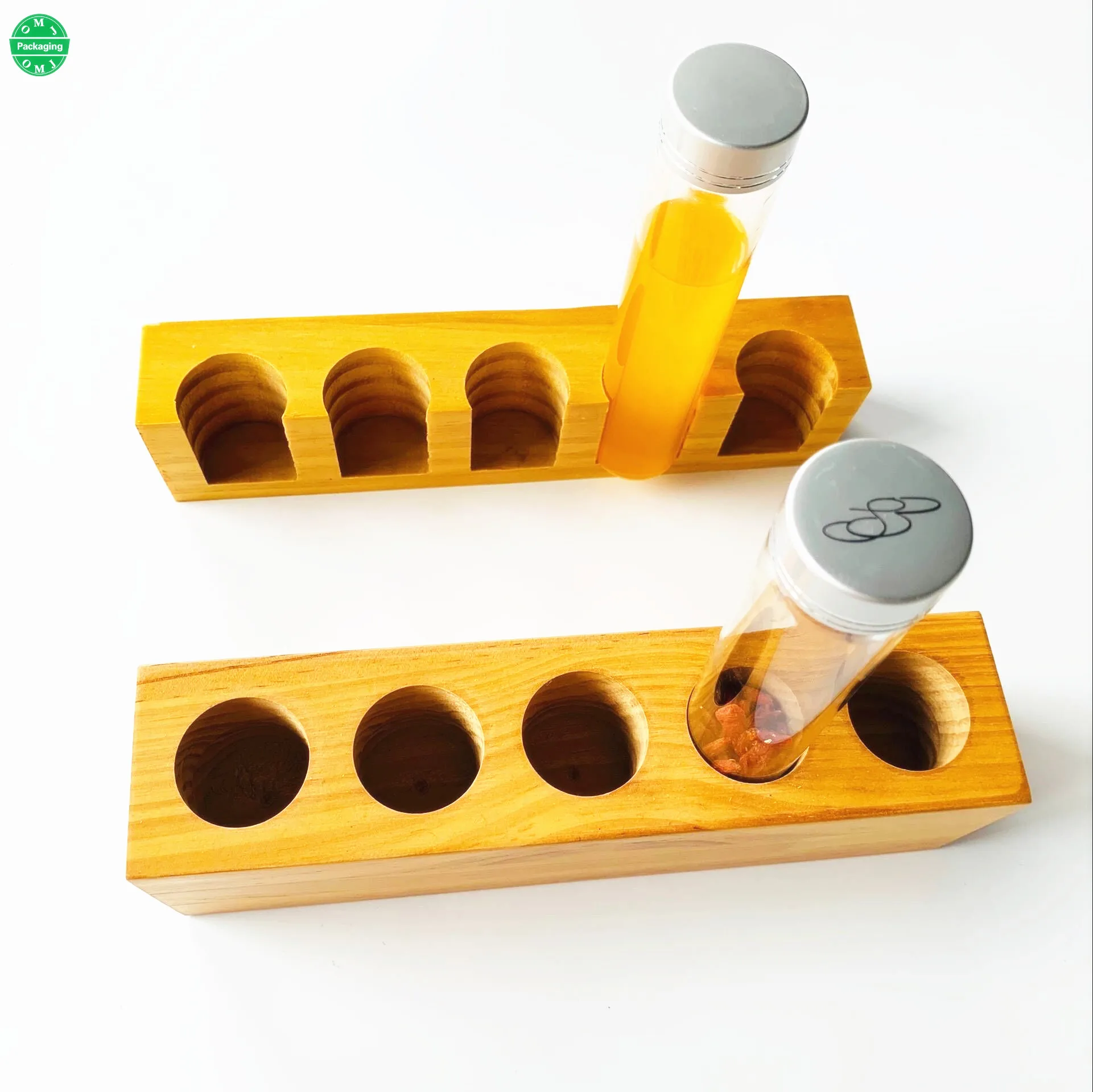 Custom wooden rack display tube container Test tube glass with aluminum screw cap for tea flower beans packaging