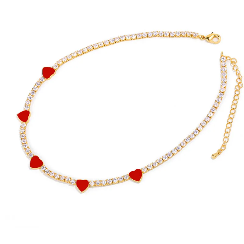 Red pink white enamel lovely heart charm rainbow cubic zirconia tennis chain choker trendy necklace fashion jewelry