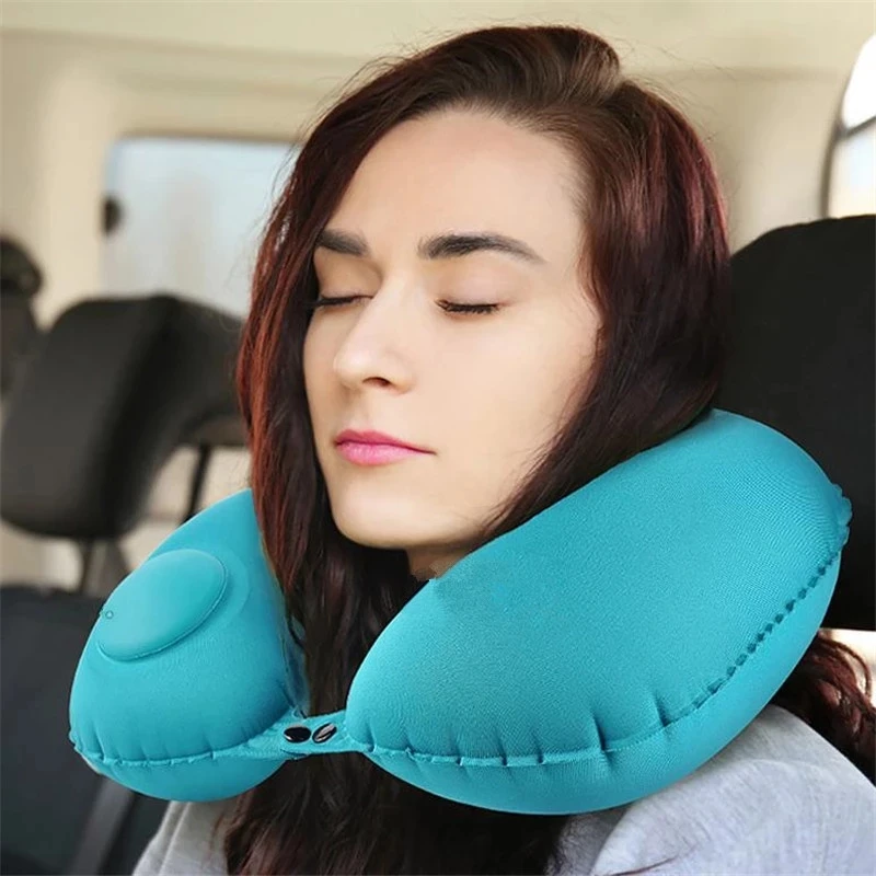 U-Shape Travel Pillow Automatic Air Inflatable Airplane Car Pillows Folding Press Type Bed Pillows Neck Cushion