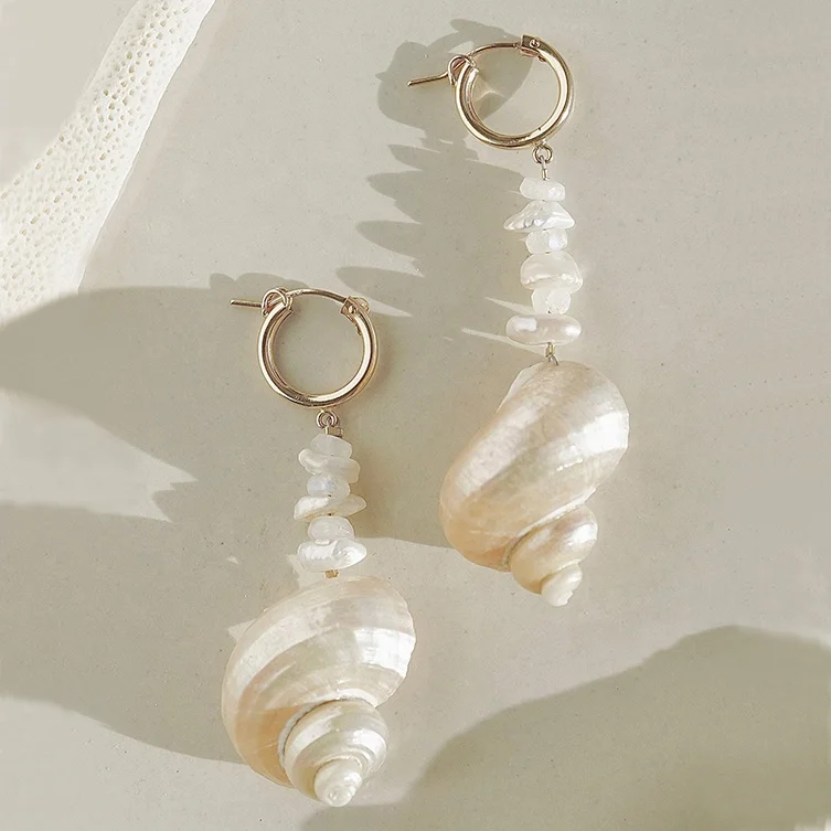 New Design 925 Sterling Silver 14/18K Gold Plated Vermeil Freshwater Pearl MoonStone Turbo Sea Shell Drop Hoop Jewelry Earrings
