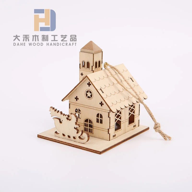 Christmas Atmosphere Laser Engraved Unfinished Wooden Miniature Houses with LED Light for DIY Crafts Xmas Decoration