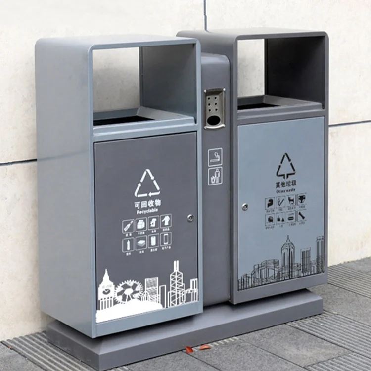 Customized outdoor dustbin steel classified recycling bins garbage sorting box metal waste container trash can for park public