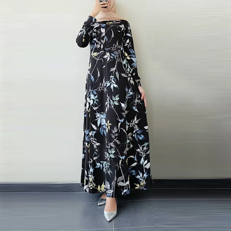 Elegant Style Plus Size Fashion Floral Printing Muslim Dress Islamic Clothing Dubai Malaysia Party Muslim Long Dress Abaya