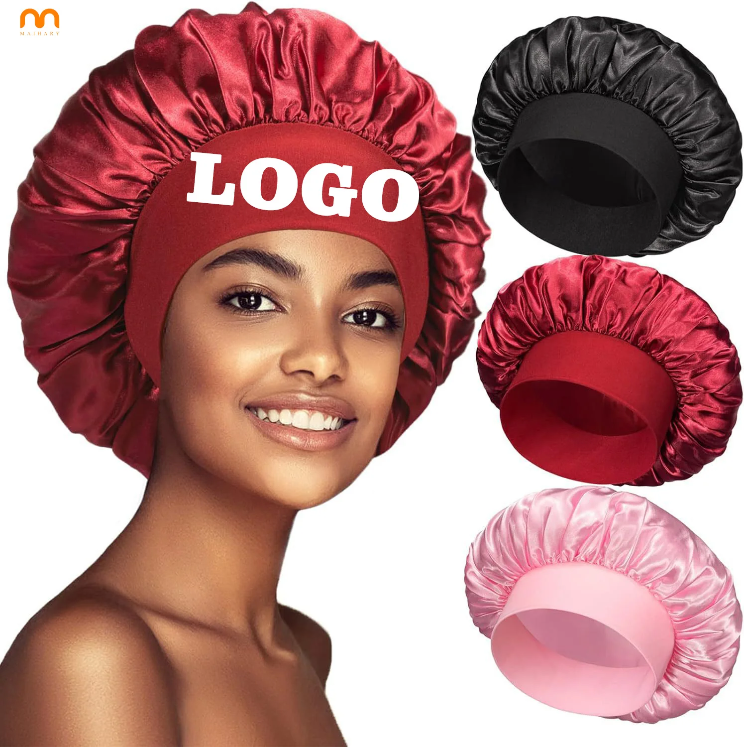 custom logo women beauty hair protection large night cap satin silk bath with elastic wide band satin sleep bonnets