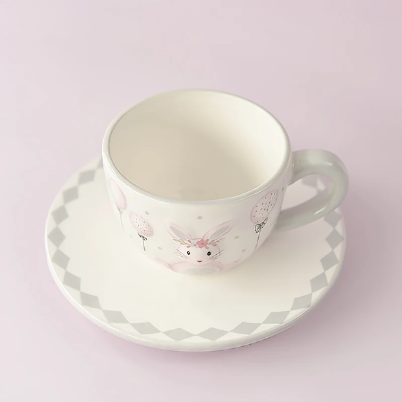 Bunny with Gold Laurel Wreath Ceramic Teacup Saucer Pink Easter Decorate with Hot Air Balloon