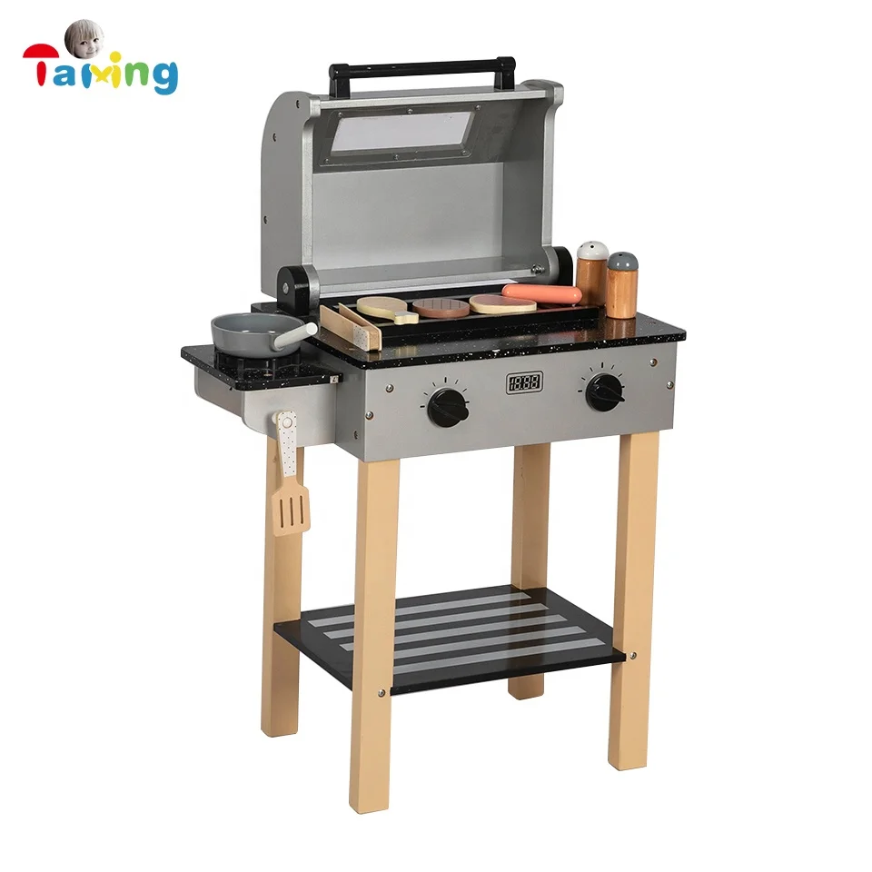 2022 Happy kitchen play toys BBQ grill Wooden Barbecue Deluxe grill Set Toy for Toddler Simulation Barbecue Set Kitchen Toy