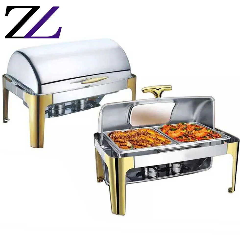Catering buffet serving stove chaffers square widows food warmer roll-top lid chaffer stainless steel modern chafing dish deluxe