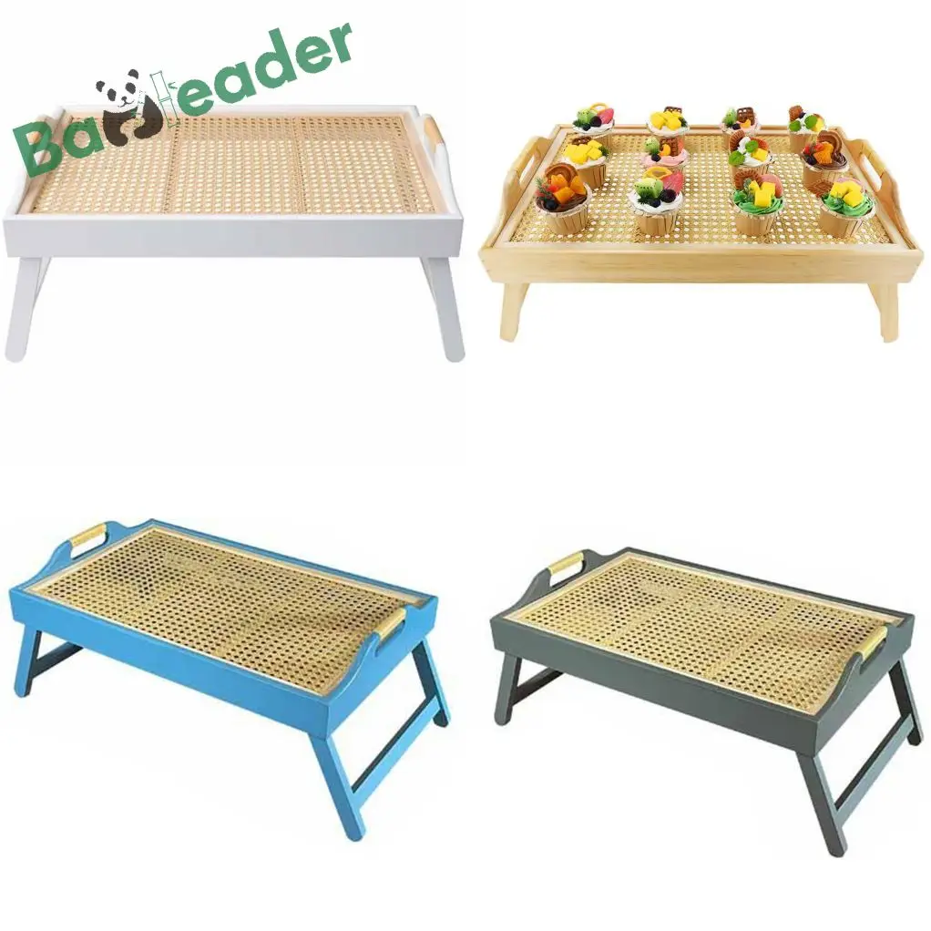 Multi-color Wooden Bed Tray Table with Foldable Legs Portable Rattan Breakfast Bed Table Bamboo Rattan Serving Tray with Handles