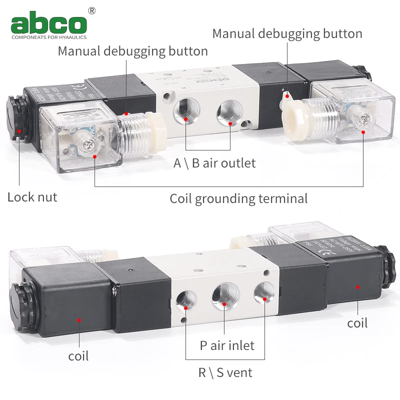 Two position five way double electric control solenoid valve 4v220-08 / 120-06 electronic reversing air valve