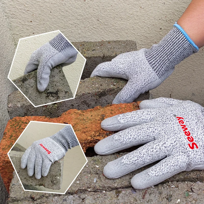Seeway Level 5 CE EN388 13-Gauge HPPE Glass Fiber Liner PU-Coated Anti-Cut Safety Work Gloves
