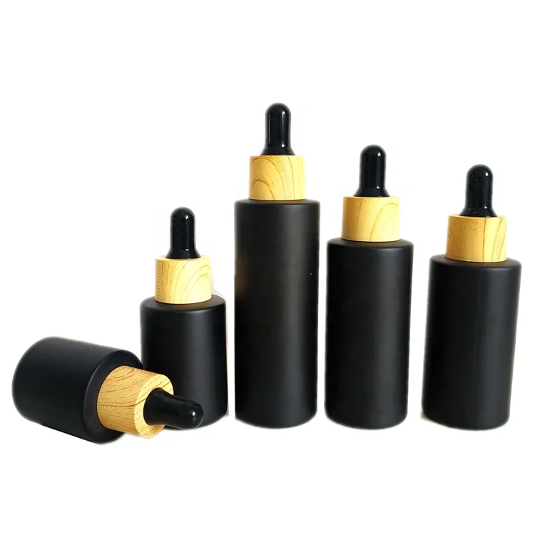 
30ml black frosted glass dropper bottles with childproof cap black glass dropper bottles beard oil essential oil wood color cap 