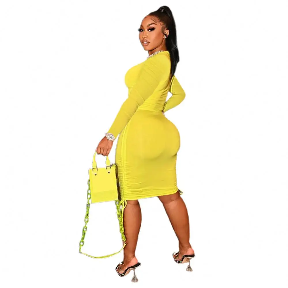 Cheap Casual Women Dress Clothing Long Sleeve Plain Woman Fall Tight Dress Stretch Solid Ruched Midi Dress