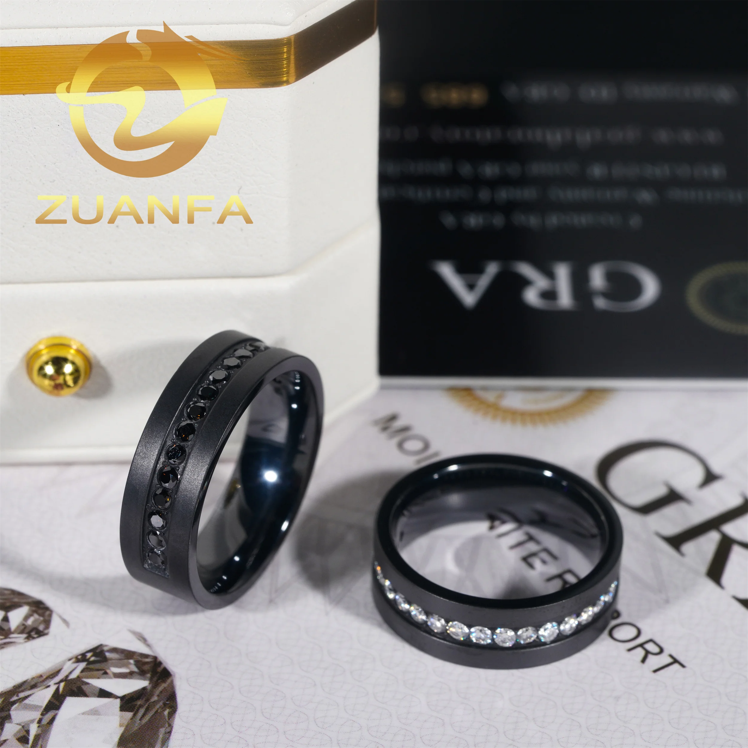 Fashion Rapper Jewelry Black Stainless Steel Men Wedding Ring Half Row Iced out Moissanite Diamond Titanium Hip Hop Ring