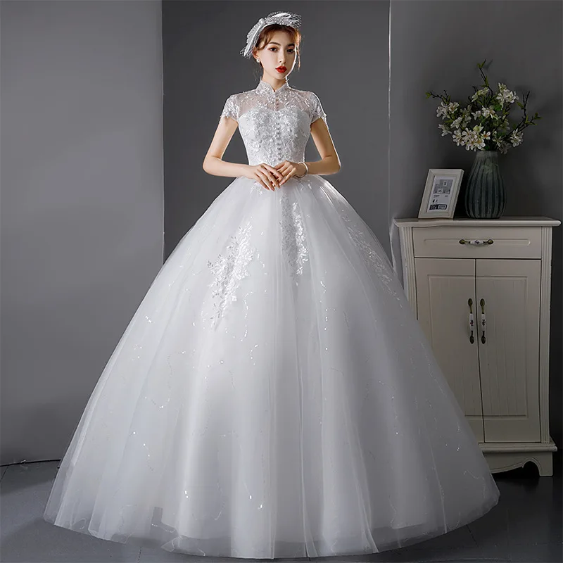 2024 New Vintage Cheap Chinese High Neck Ball Gown Wedding Dresses Lace Appliques Ivory short sleeve Floor length Wedding Dress