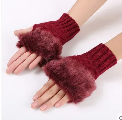 
Women Faux Rabbit Fur Glove Hand Wrist Crochet Knitted Fingerless Gloves Knitting Mittens Winter Gloves 