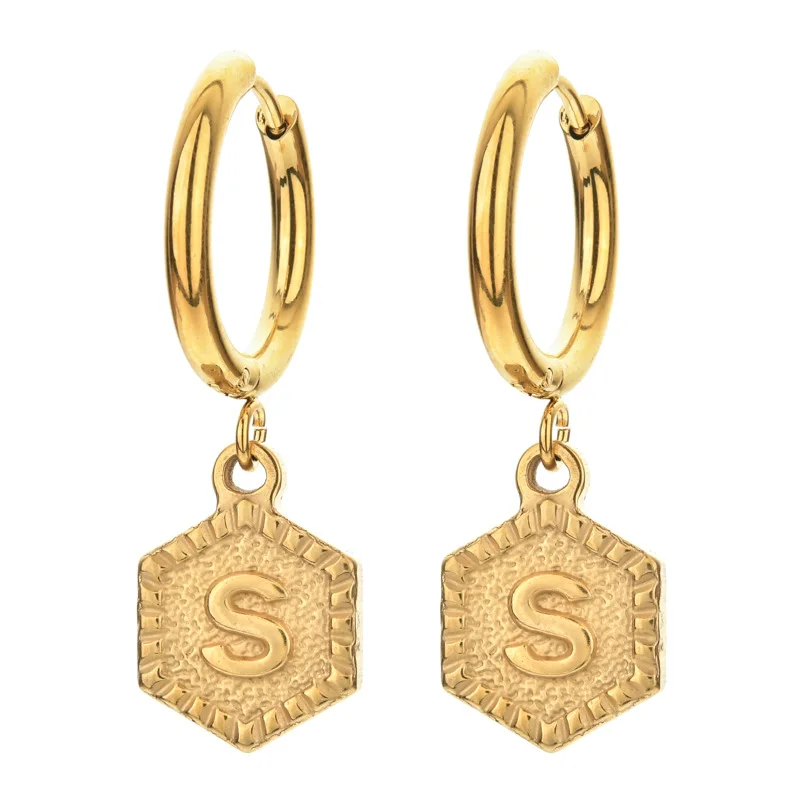 Hongtong A1-135 Stainless Steel Hexagon Minimalist 26 Letter High Quality Women Fashion Jewelry Pendant Earrings