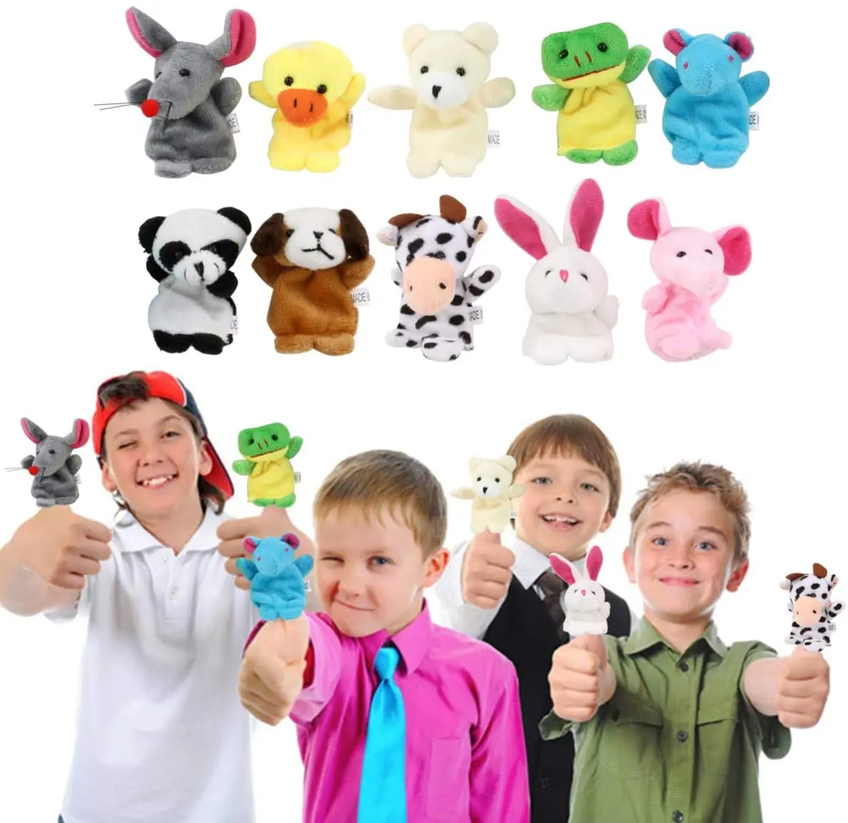 Wholesale Amazon hot selling small MOQ animal set funny plush finger puppets