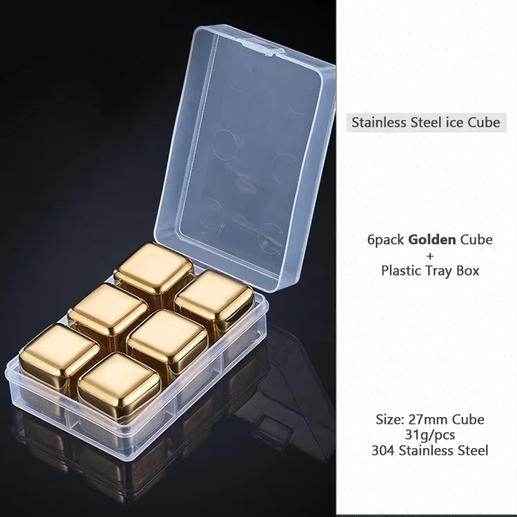 Gold color square reusable ice cubes whiskey gift set stainless steel whiskey stone for drinks