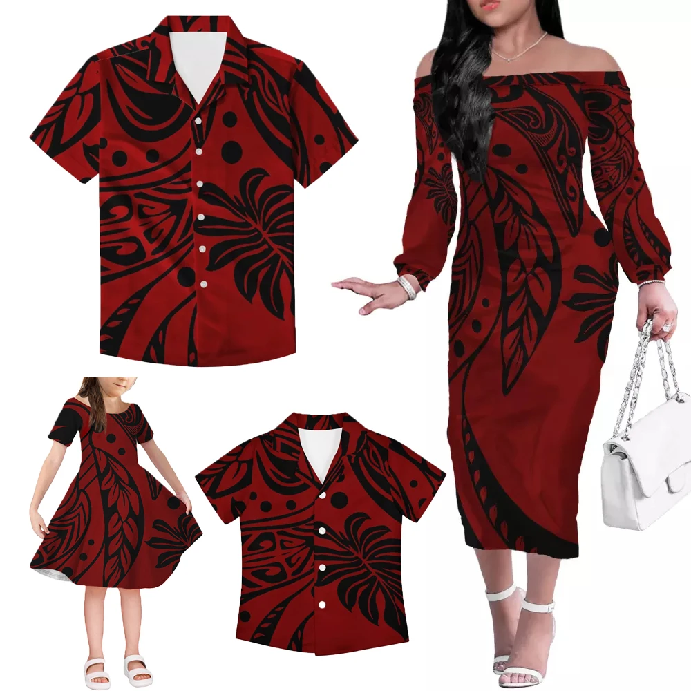 Red Polynesian Family Set 4pcs Set Unique Gifts For MOM Daddy Kids Polyester Off Shoulder Long Dress Little Girl Skrits Set