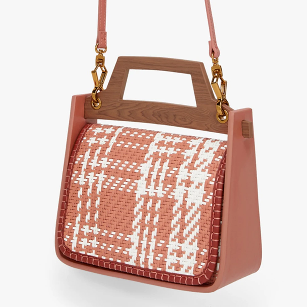 Hot selling wood handle woven classic ladies pu leather hand bags elegant women handbag purse
