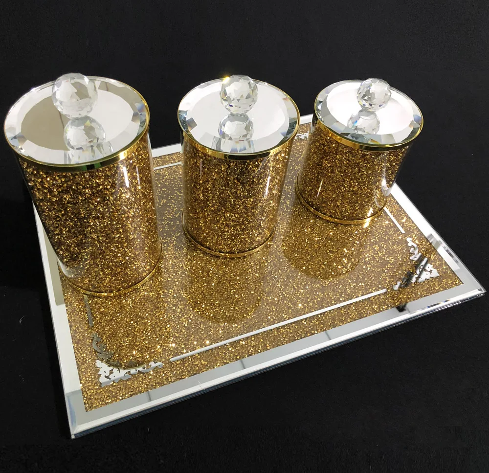 New design spice salt pepper jar set gold crushed diamond glass spice bottle storage with tray