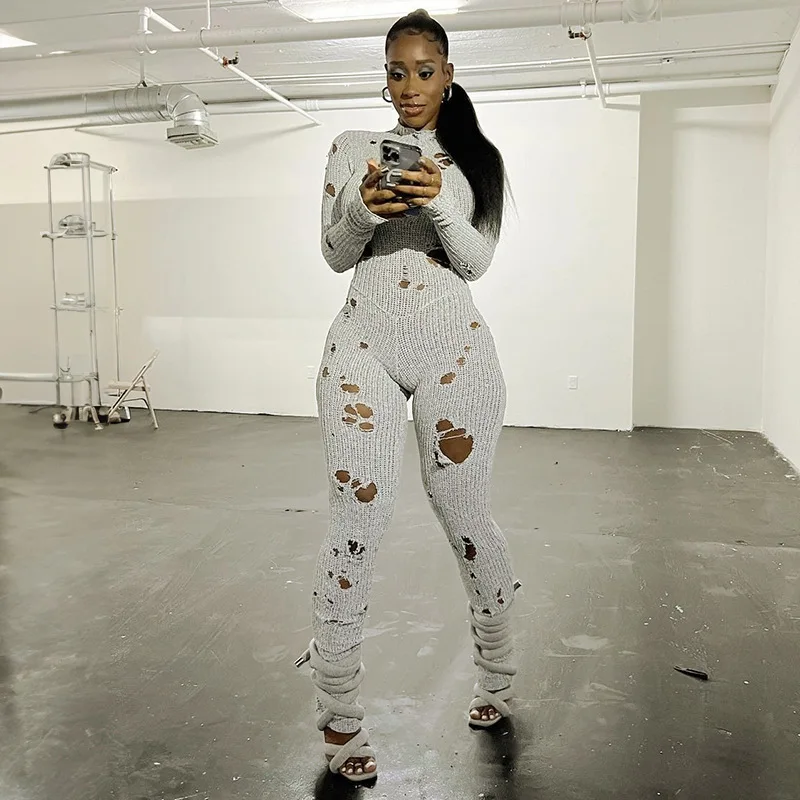 Sharee Novel Clothing Back Bandage Long Sleeve Bodycon Knitted Jumpsuit Hollow Out Ribbed Jumpsuit Women