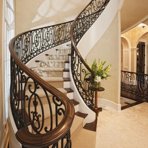 Fantastic design villa interior marble step with led lights prefabricated stringer curved stairs with wrought iron railing