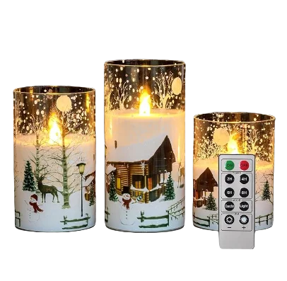 3PCS White Flickering Flameless Glass Led Candle with Snowman Sticker, Real Wax and Remote for Winter and Christmas Holiday
