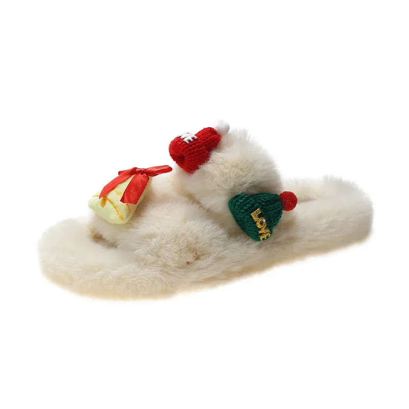 2022 new arrivals Double strap Cute reindeer bell navidad plus size fur ladies home slides Christmas slippers Women slipper